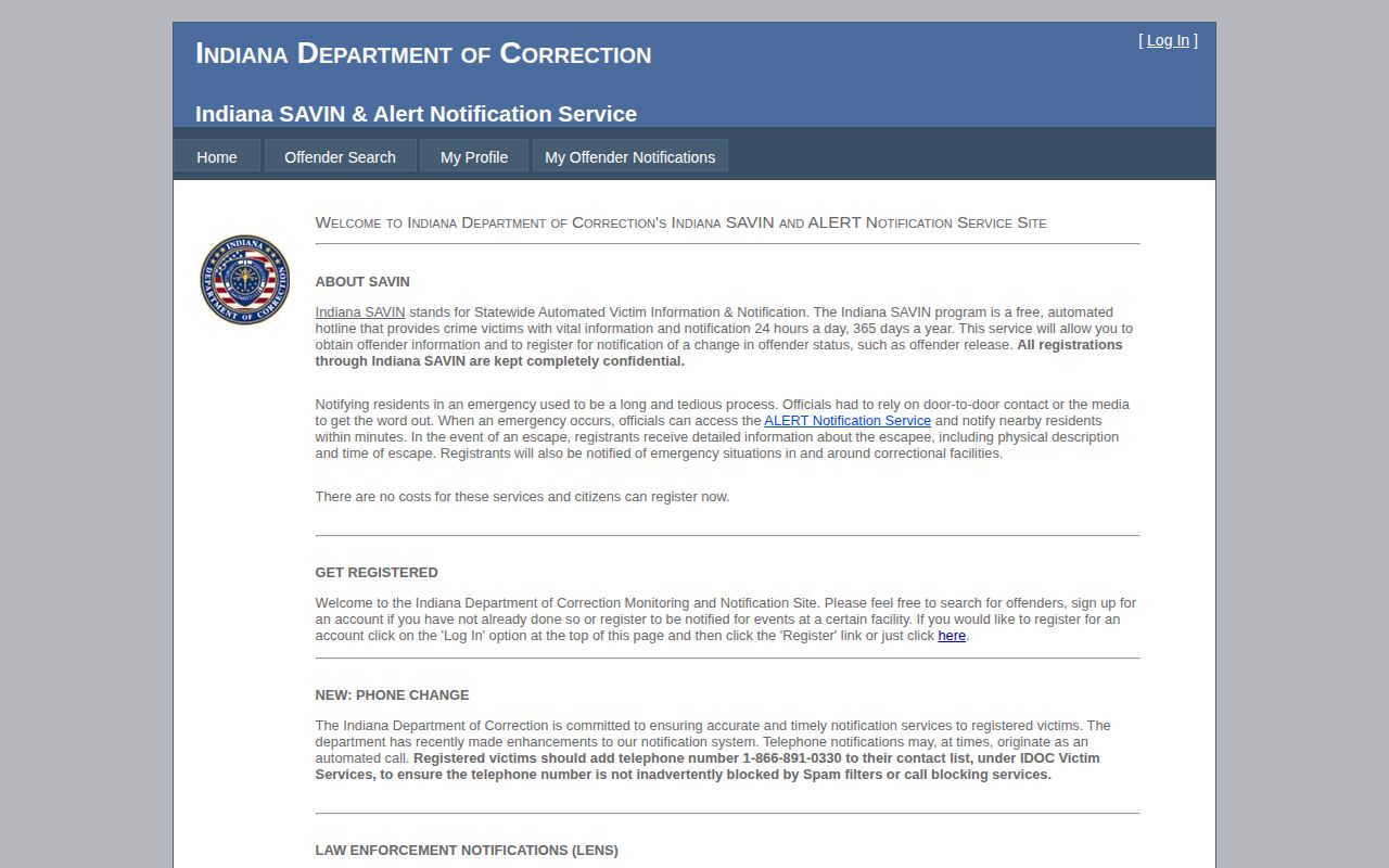 Indiana SAVIN official custody notification service