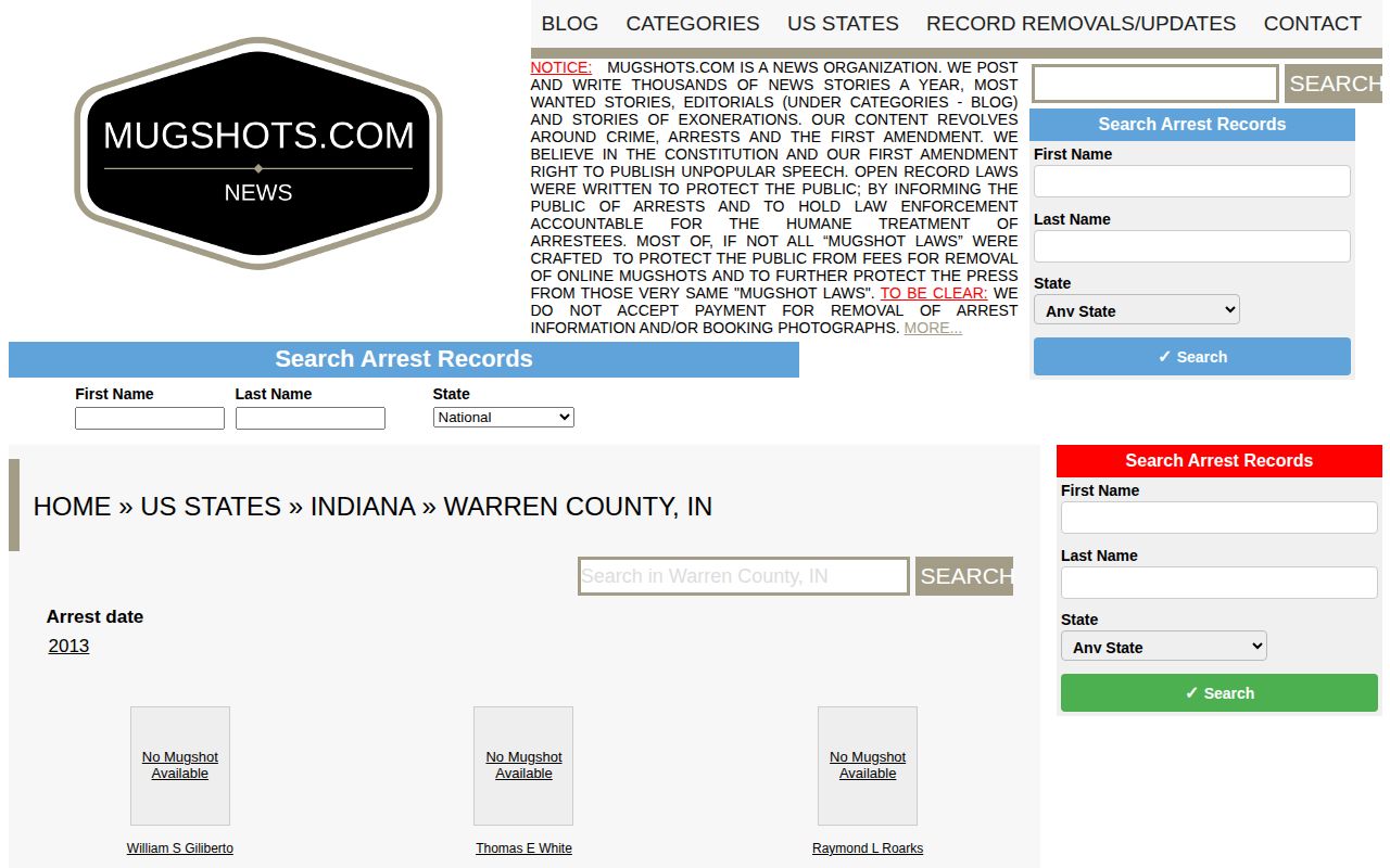 Stale Mugshots.com Warren County page showing old entries