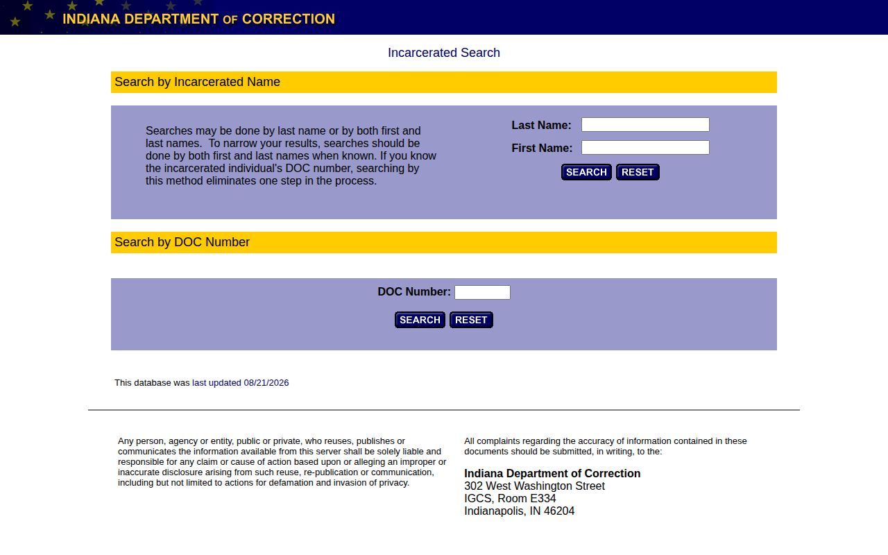 Indiana Department of Correction official offender locator